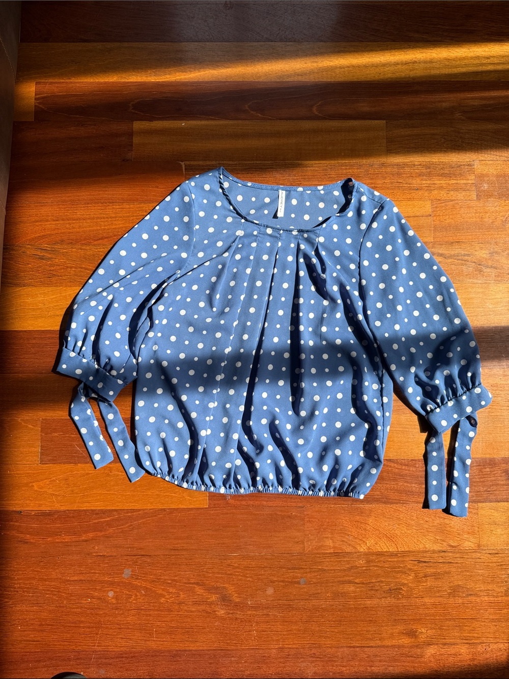 Audrey 3+1 Blue and White Polka Dot Blouse with Tie Cuffs